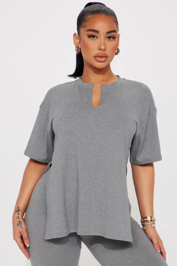 Lets Chill Together Short Sleeve Legging Set - Heather Grey