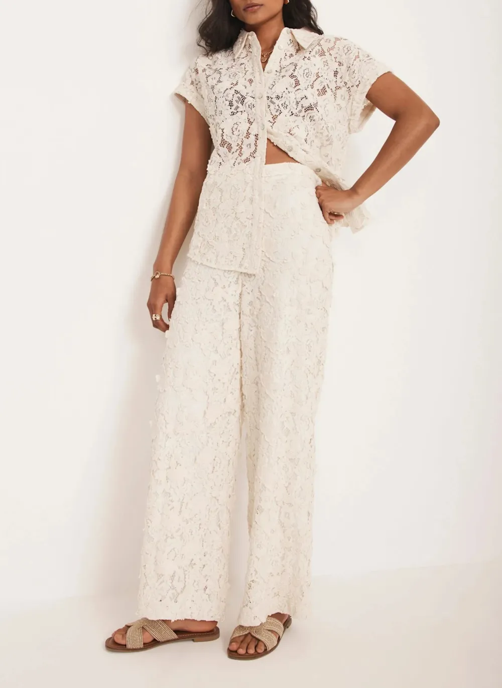 Casual Style Cream Lace Wide Trousers