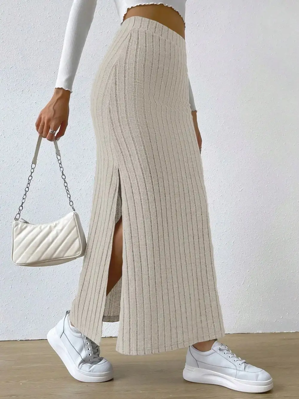 High Waist Ribbed Knit Skirt