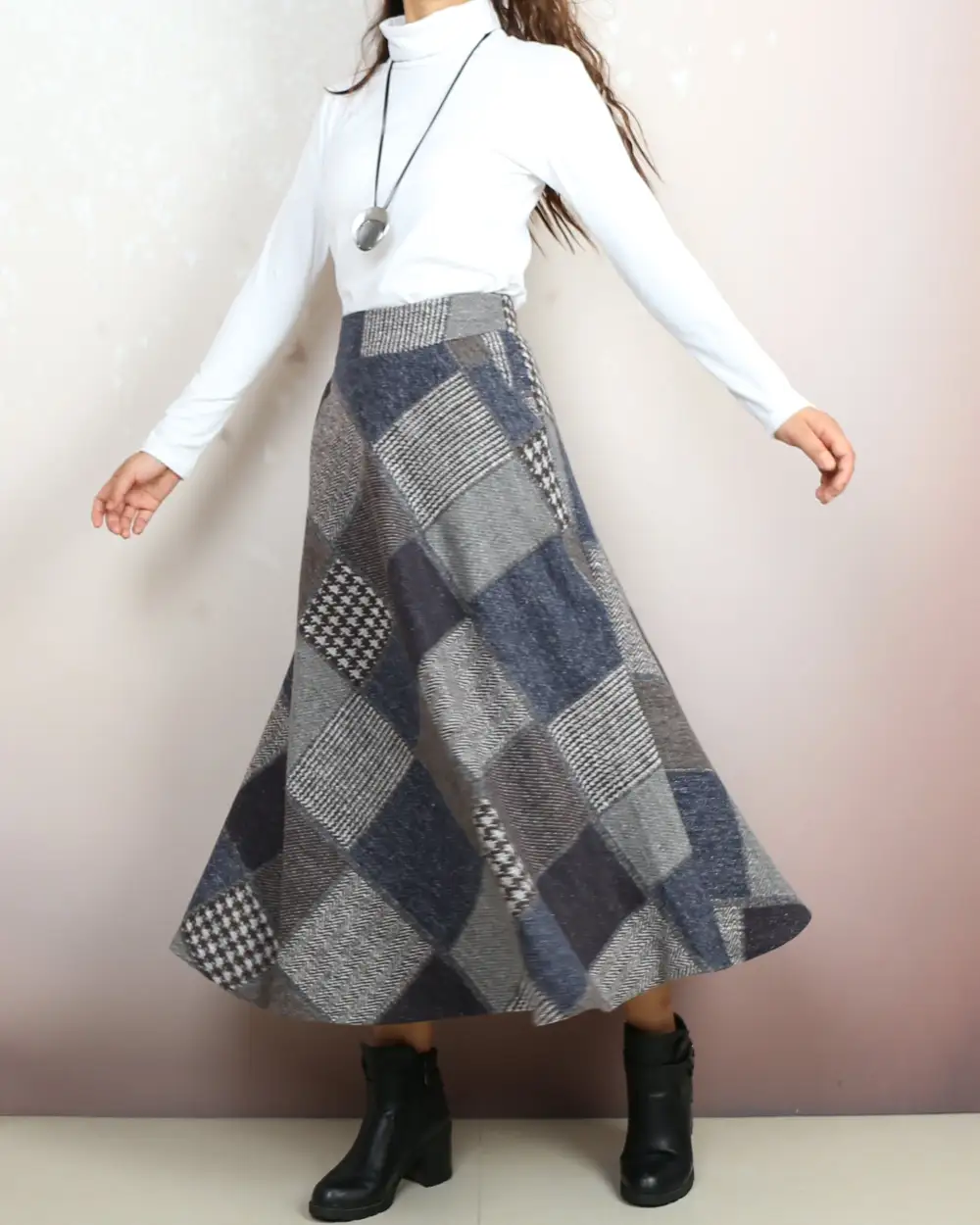 Plaid Wool Flared Maxi Skirt