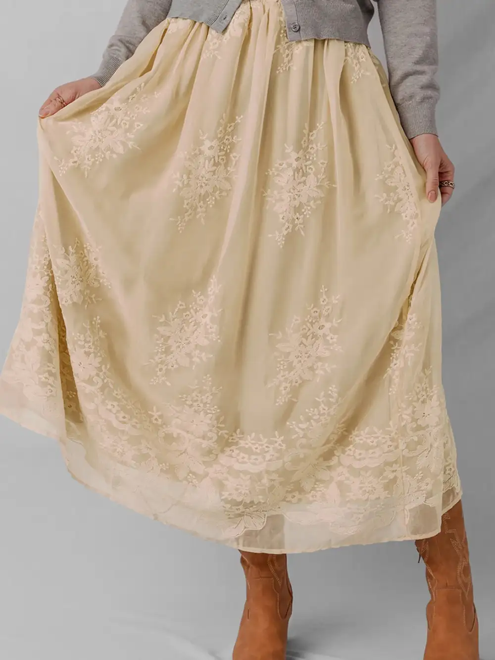 Mesh Embroidered Midi Skirt