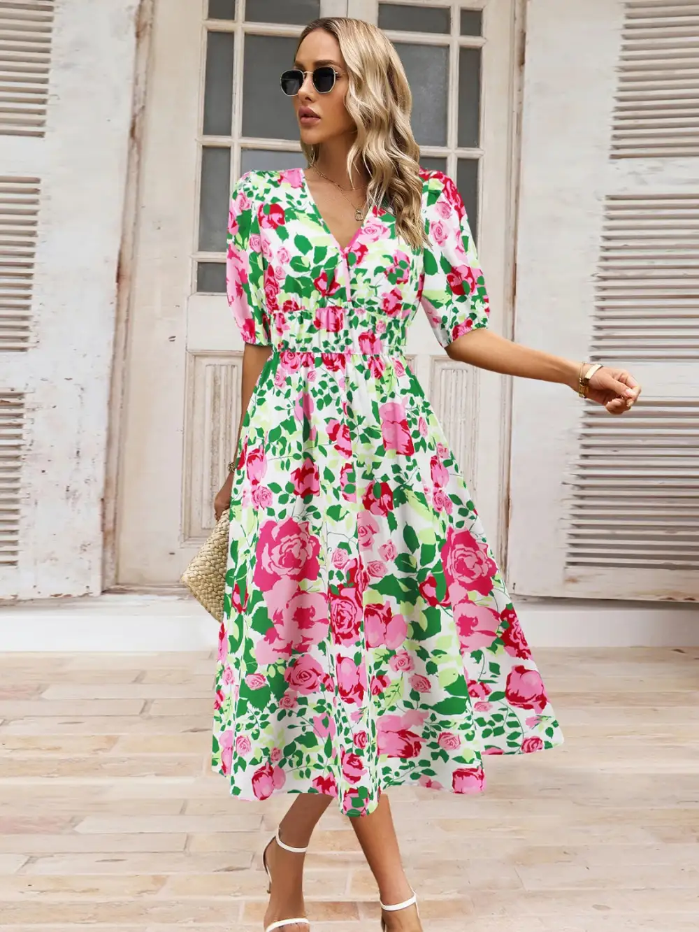 Boho Chic  Ruched Printed Surplice Short Sleeve Dress