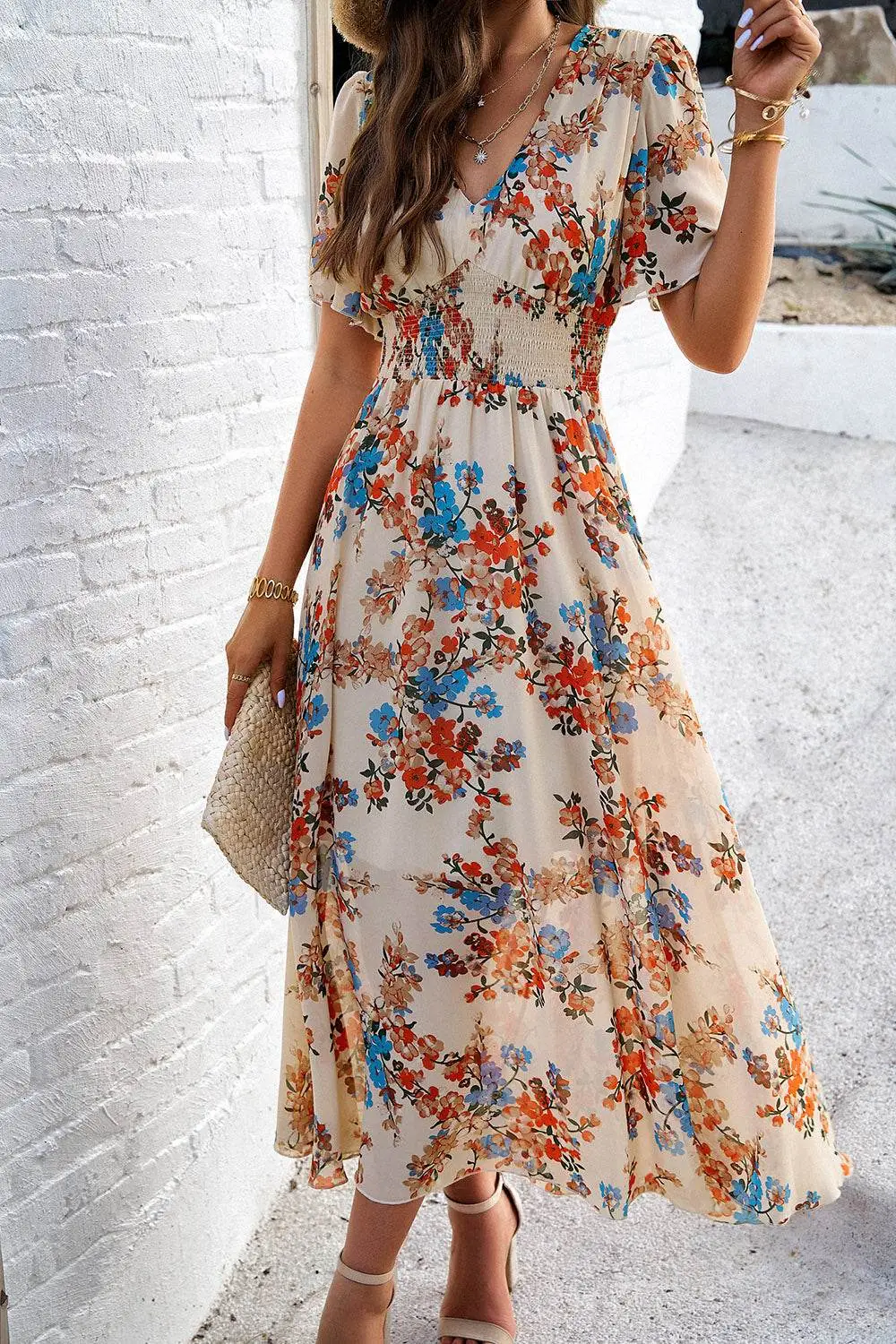 Smocked Floral V Neck Maxi Dress