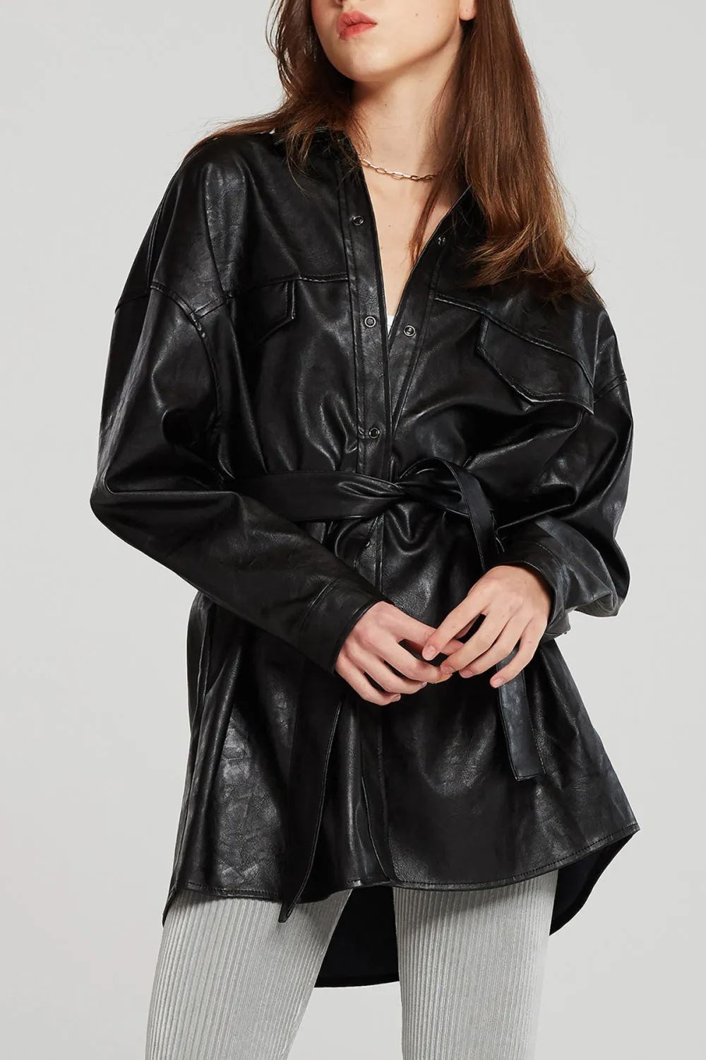 Louise Oversized Pleather Shirt w/Belt