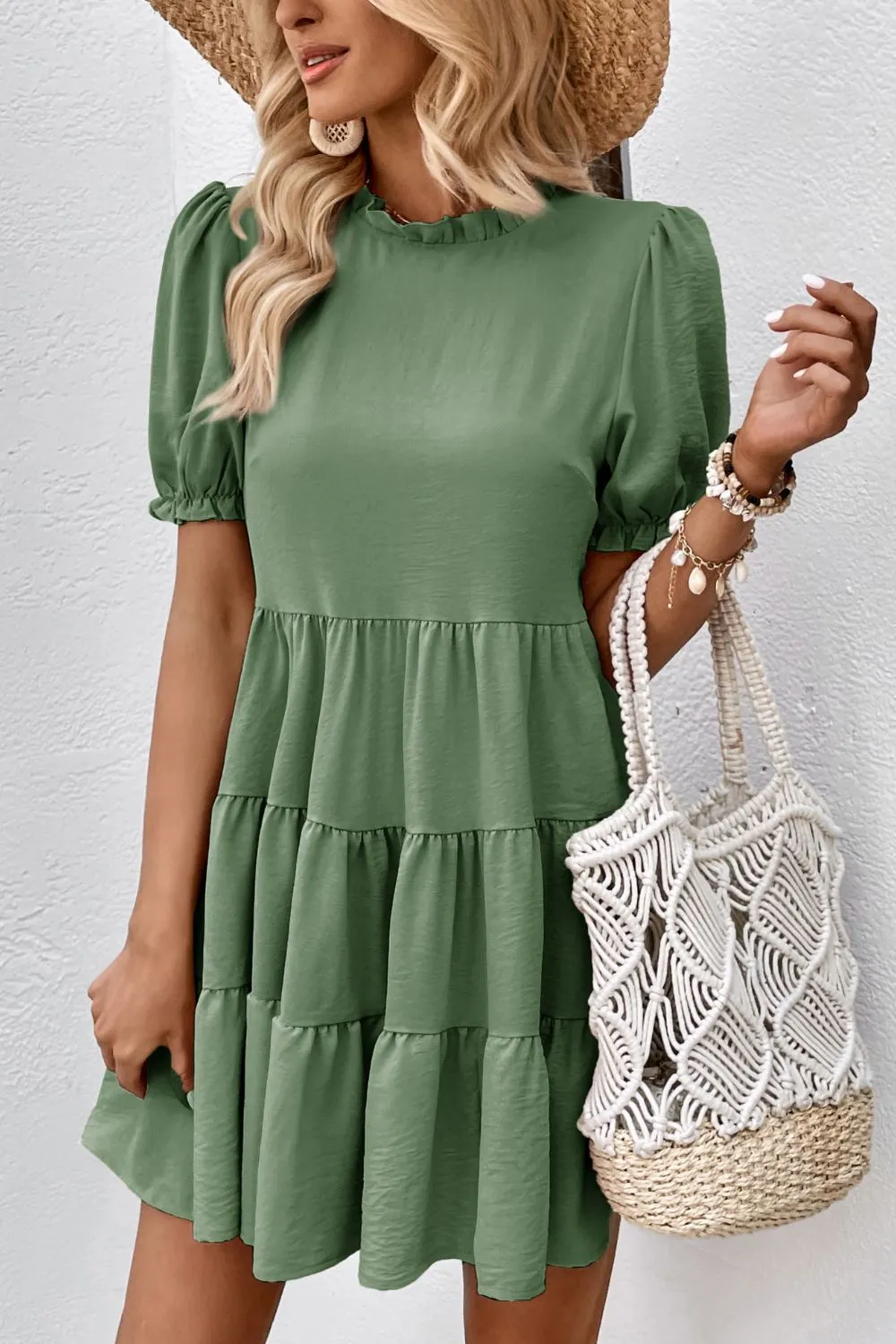 Textured Tie Detail Tiered Dress