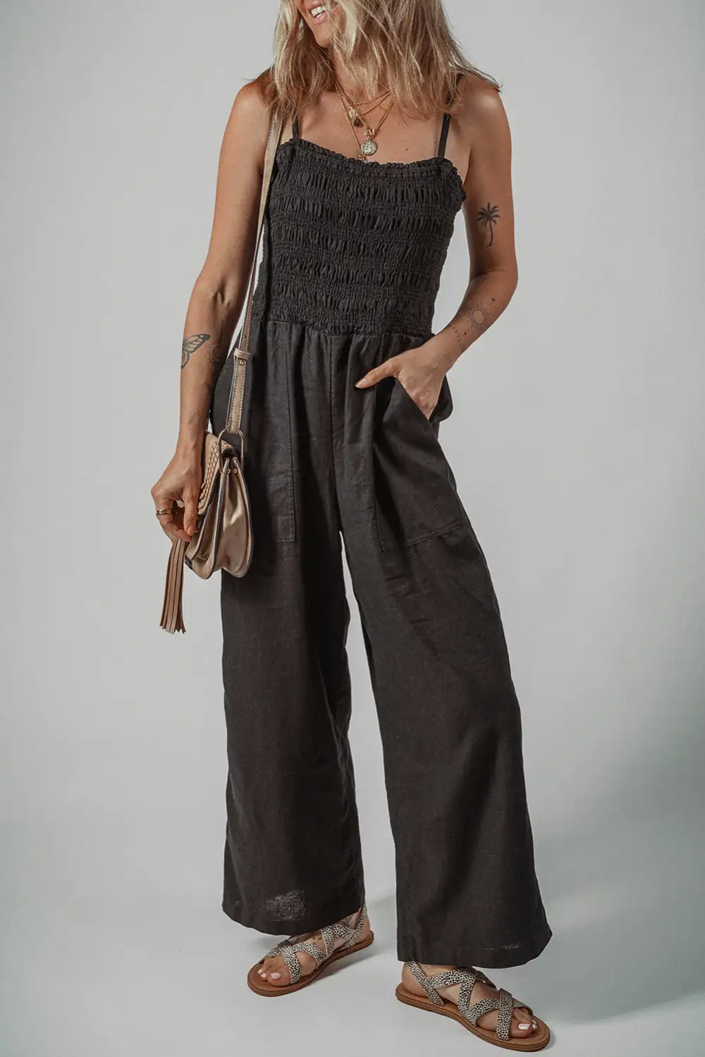 Spaghetti Straps Shirred Bodice Pocketed Wide Leg Jumpsuit