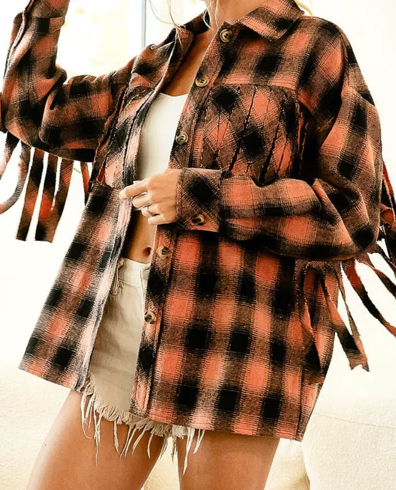 Plaid Shacket Fringe Top