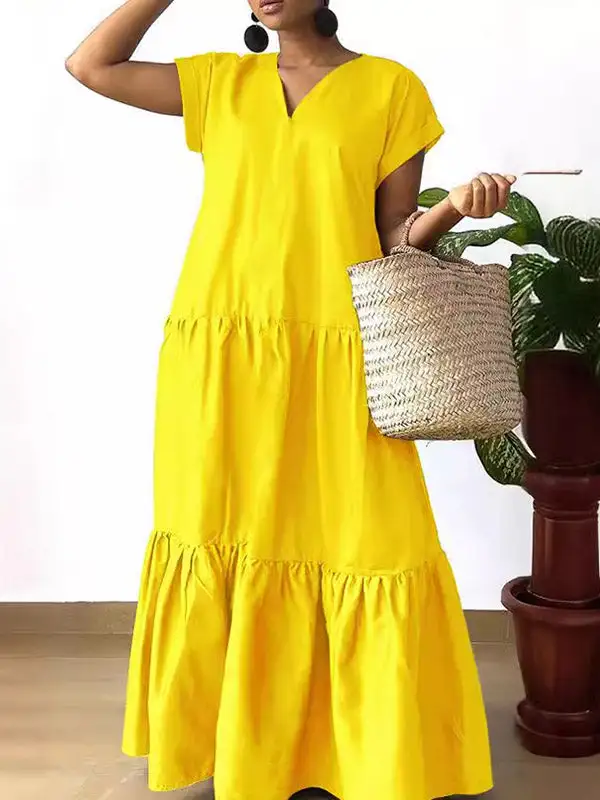 Loose Split Pleated Neck Maxi Dress