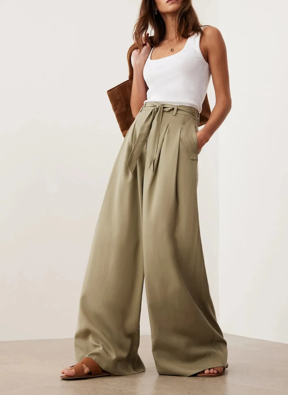 Casual Style Khaki Belted Wide Leg Trousers