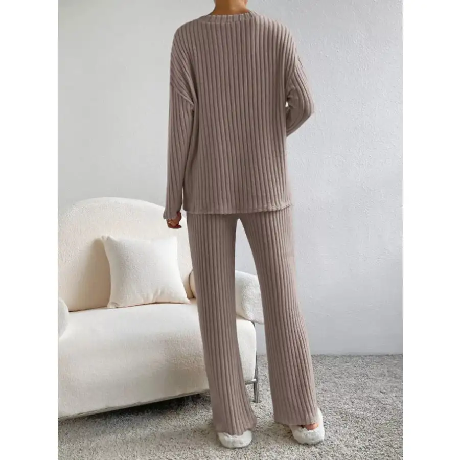 Ribbed Knit Long Sleeve Top and Pants Set