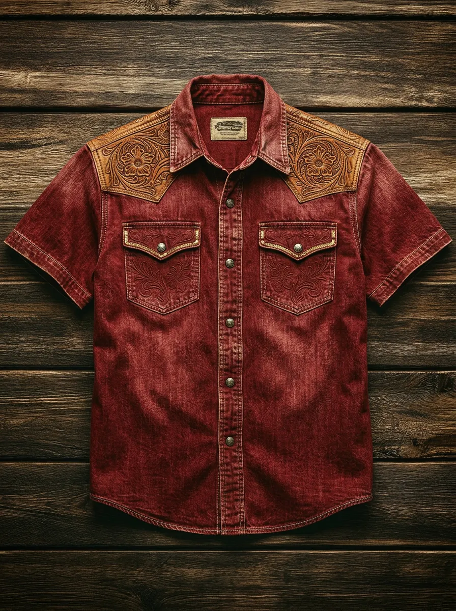 Men's Western Style Floral Tooled Leather Yoke Printed Shirt