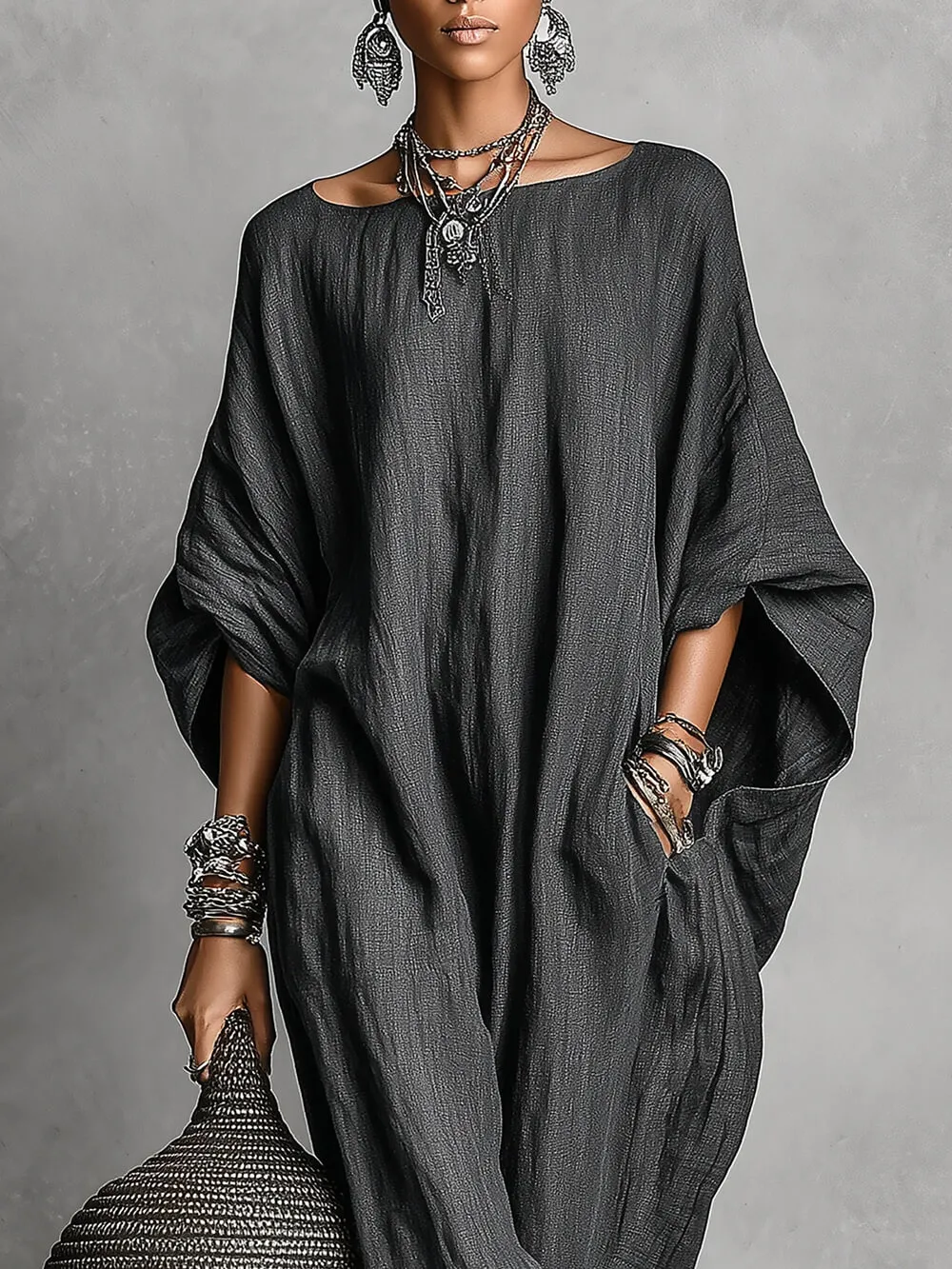 Casual Linen Batwing Sleeve Maxi Dress