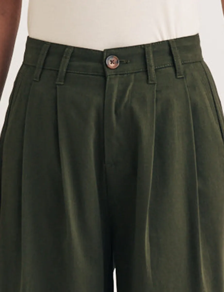 Khaki Twill Pleated Wide Leg Ava Trousers