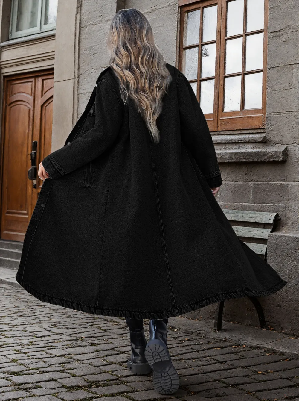 Single-Breasted Long Denim Jacket