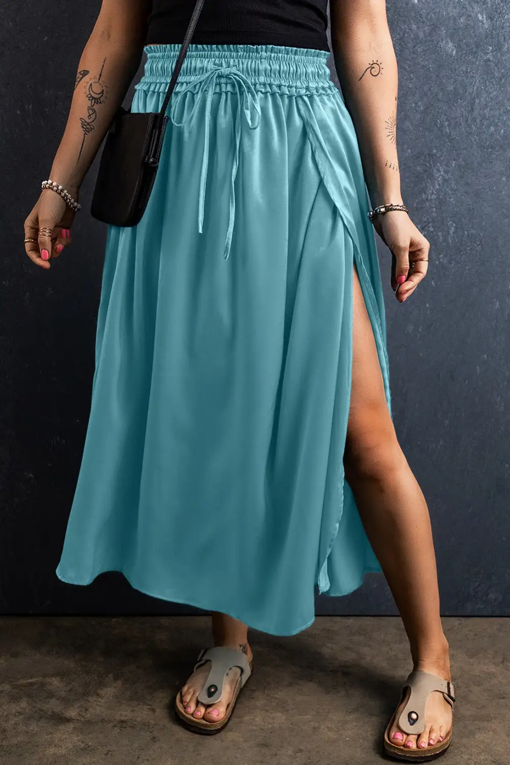 Drawstring Flowy Split Skirt