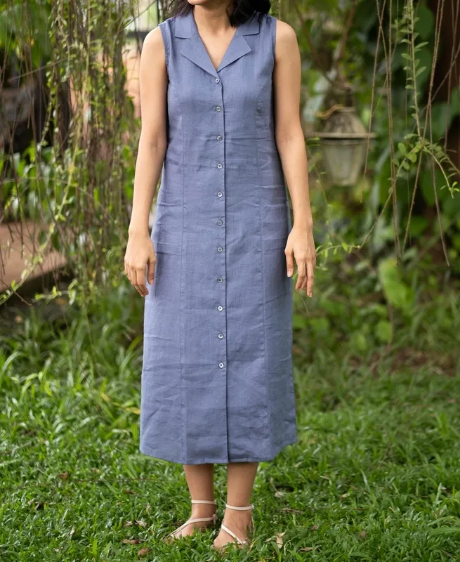 Wildflower Blue Linen Notch-Collar Dress