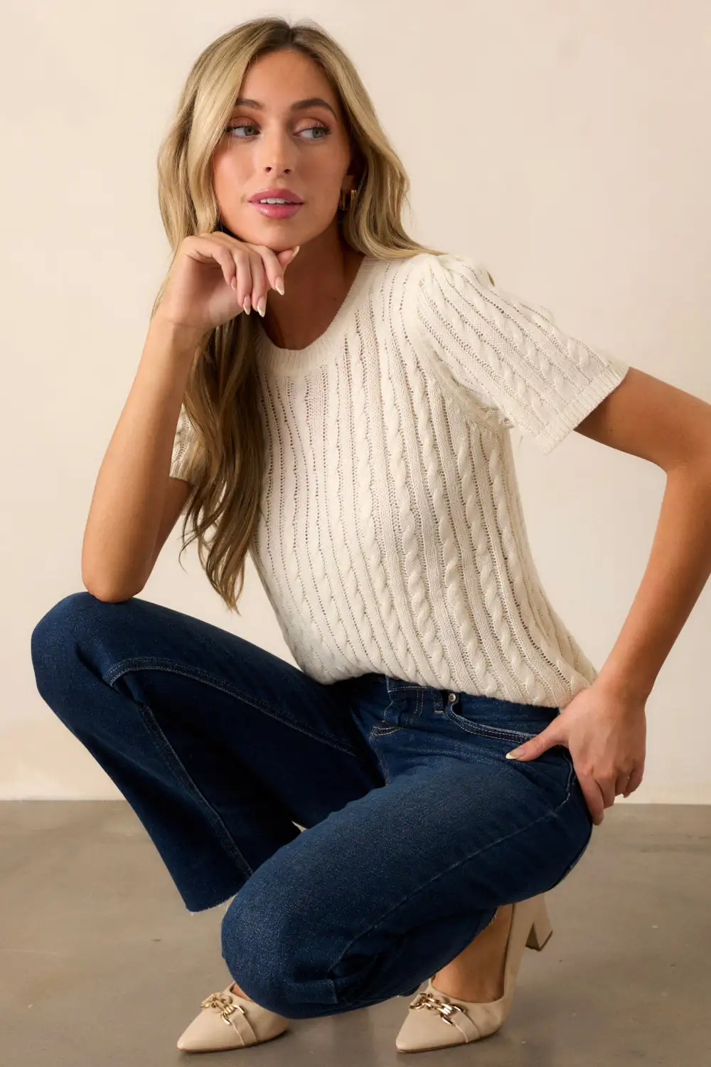 Waiting For You Ivory Cable Knit Short Sleeve Sweater