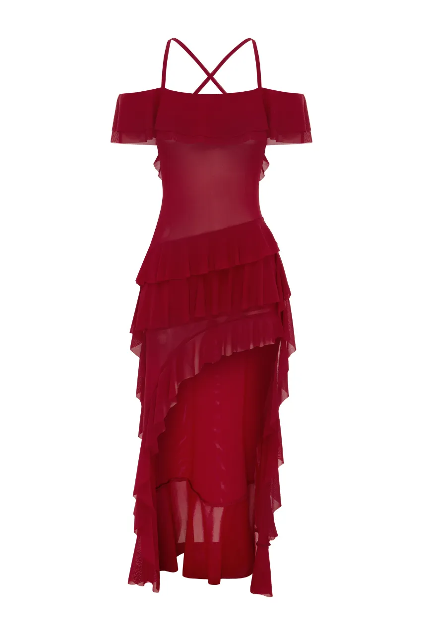 Red Suspender Unique Design Maxi Dress