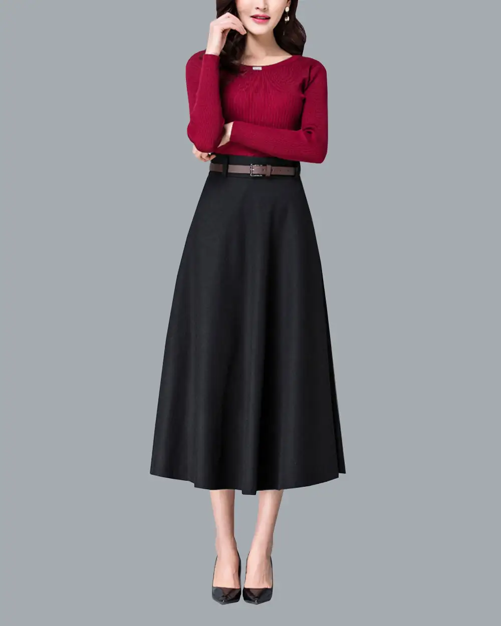 Relaxed Belted Wool Flared Maxi Skirt