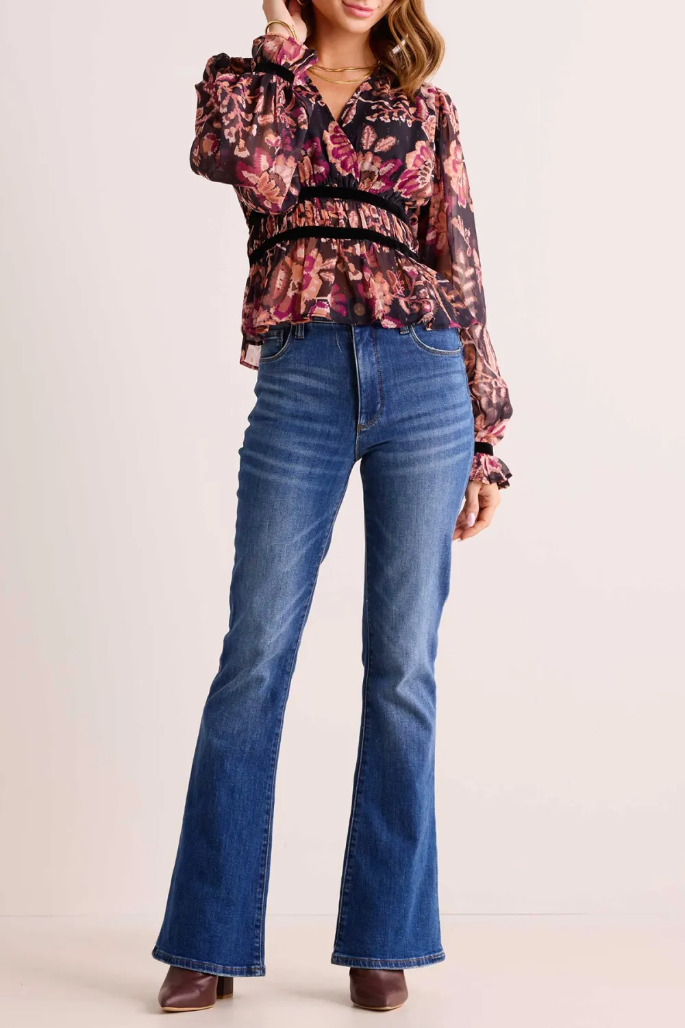 Floral Print Velvet Trim Belted Long Sleeve Blouse