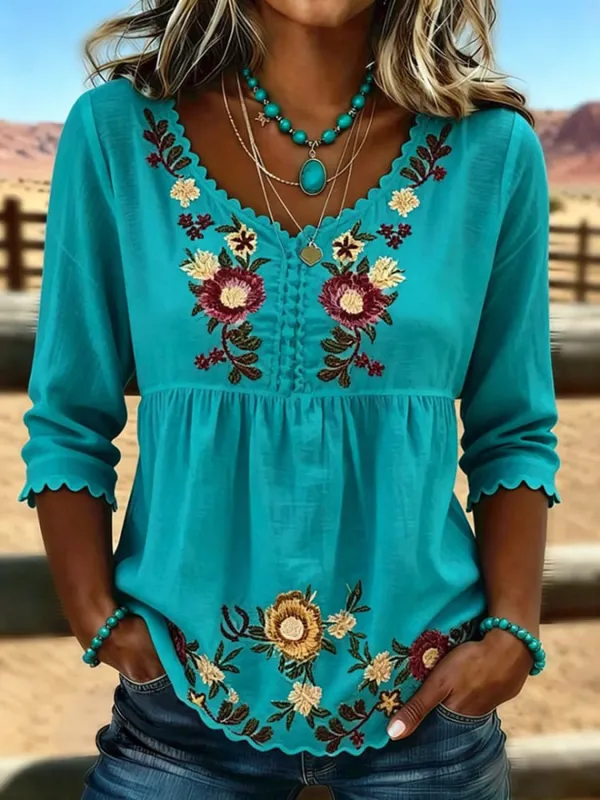 Women's Vintage Floral Print Patchwork Casual Shirt