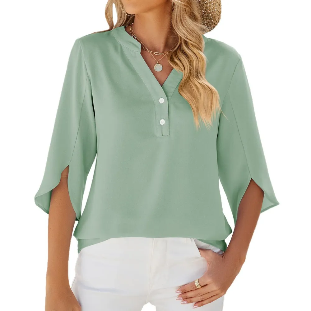 Button V-Neck Chiffon Blouse