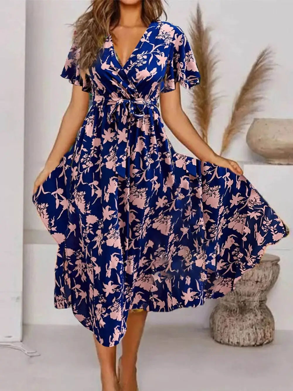 Printed Floral V Neck Midi Dress