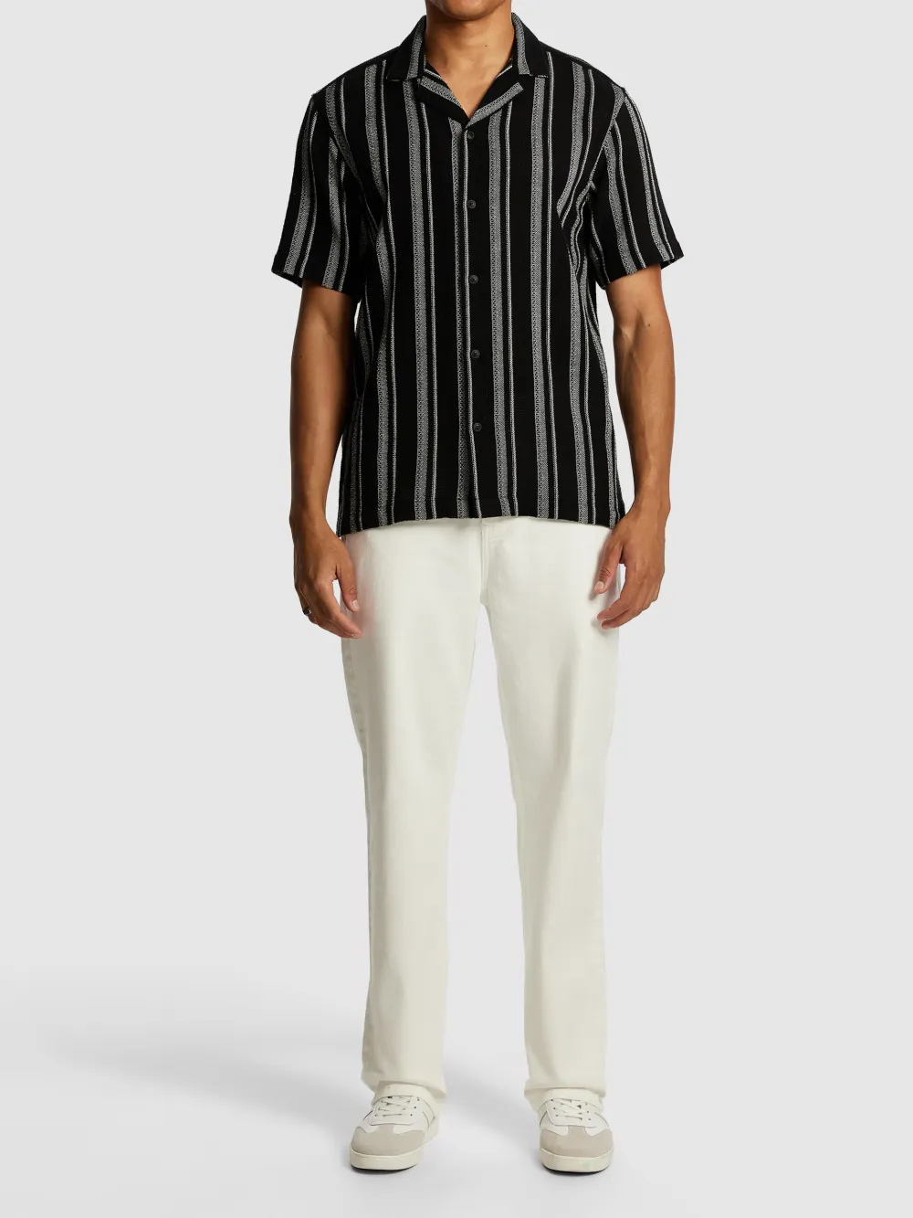 Black And Gray Striped Knit Short Sleeve Shirt