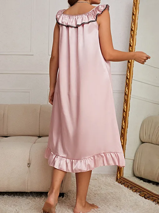 Plain Satin Casual Nightdress Mid Length Home Night Dress