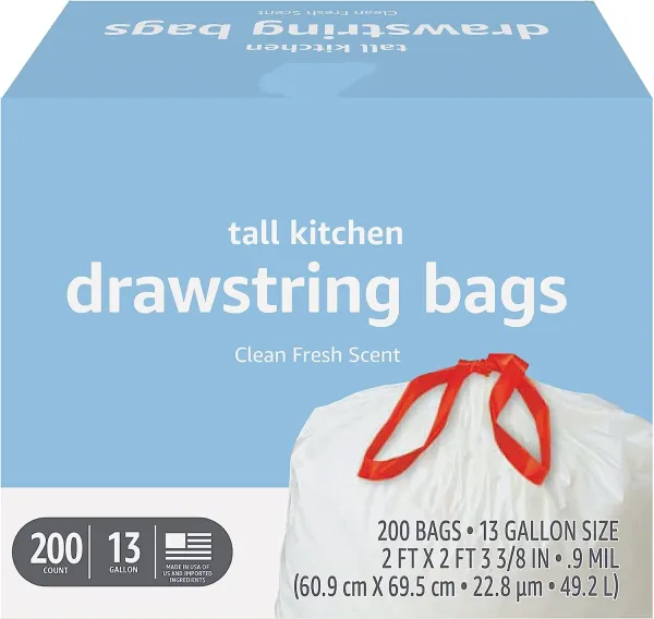 Basics Tall Kitchen Drawstring Trash Bags, 13 Gallon, Unscented, 120 Count (Previously Solimo)