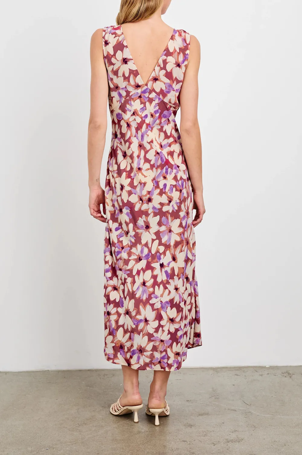 Purple-Red Floral Print Fitted Dress With A Waistline