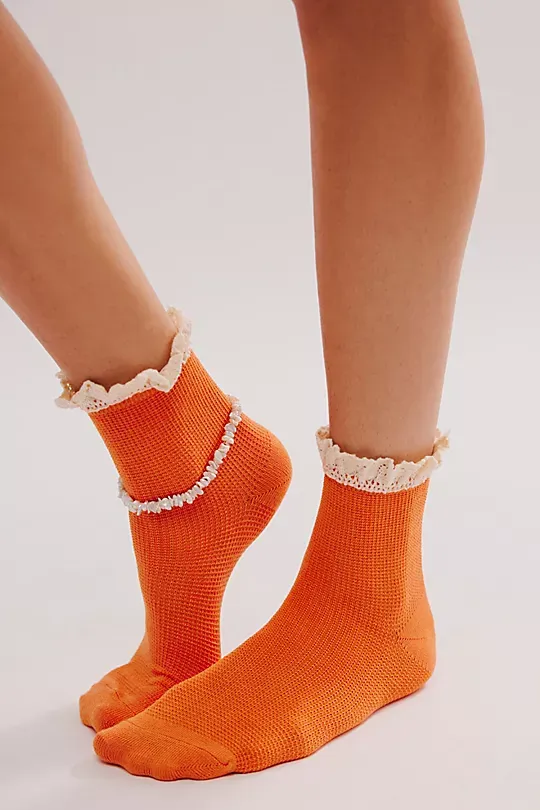 Waffle Knit Ankle Socks Orange
