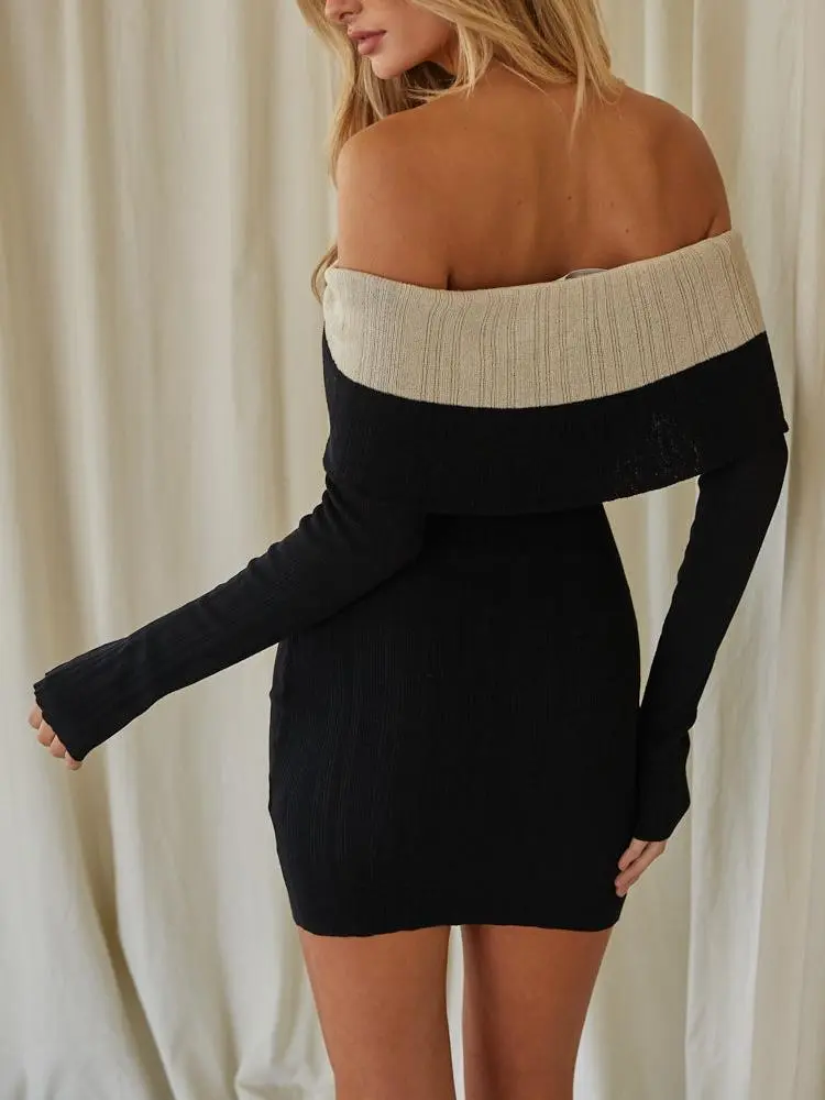 Off the Shoulder Contrast Sweater Dress
