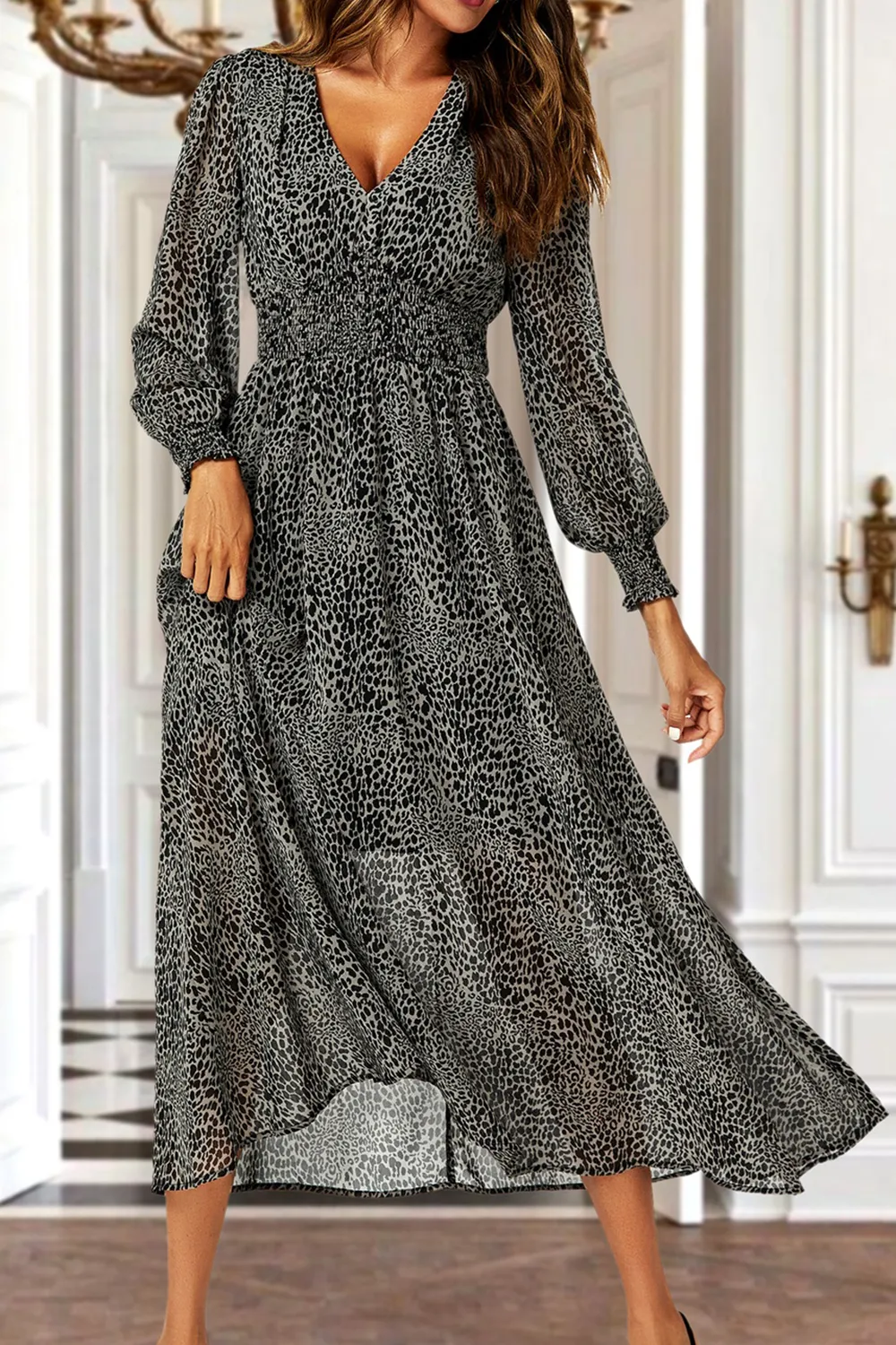 Women's Leopard Print V-Neck Dress