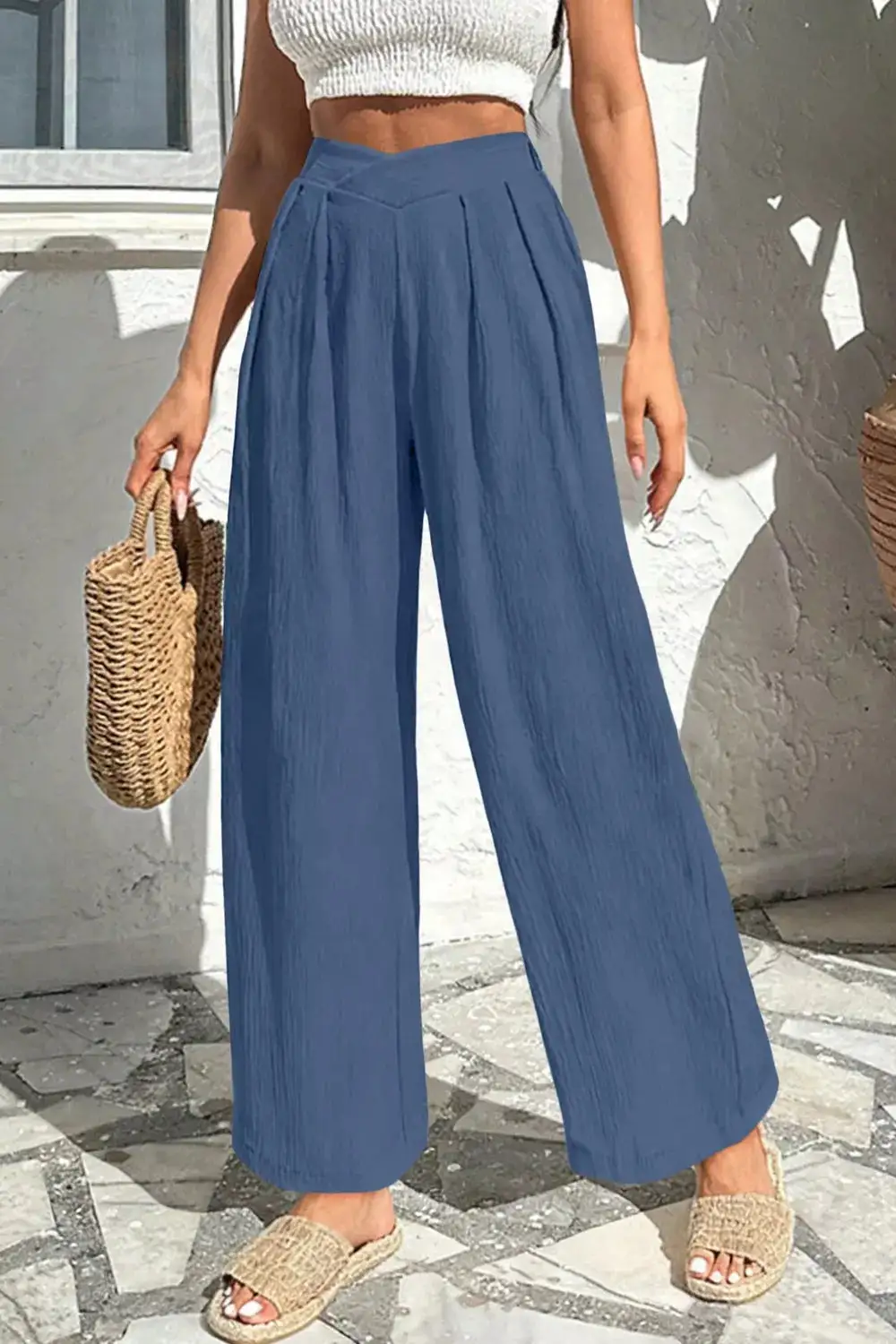 Solid Textured Crossed Waist Loose Pants