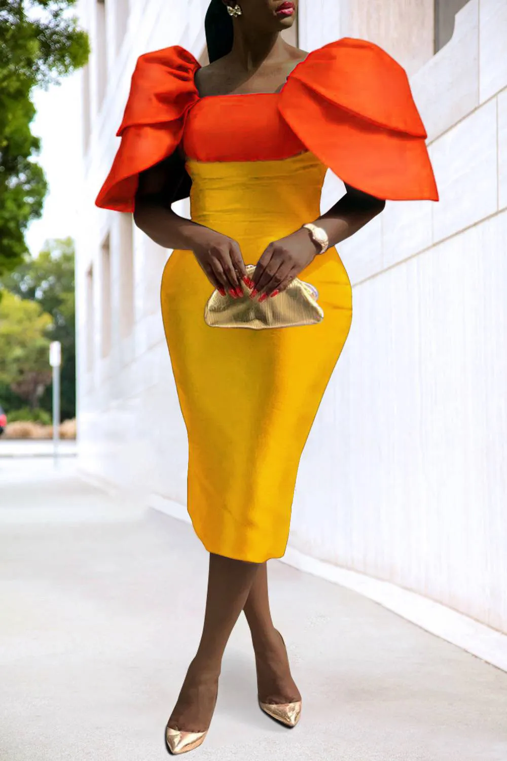 Plus Size Orange Cocktail Party Elegant Satin Puff Sleeve Colorblock Midi Dresses