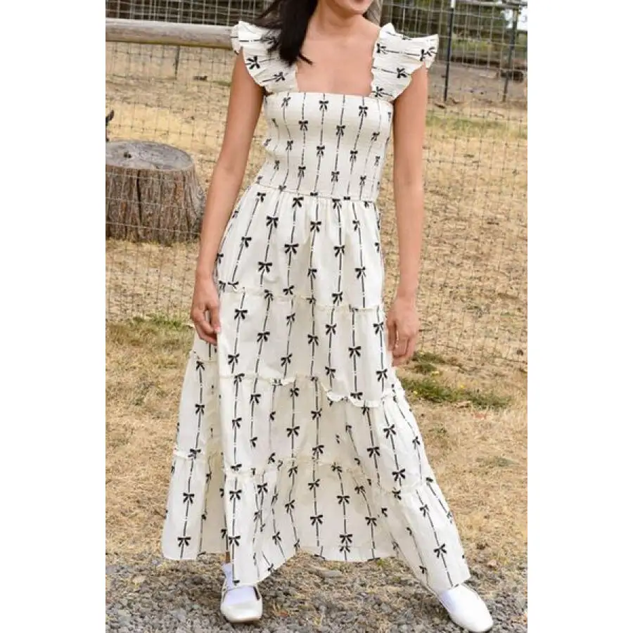 Bow Print Smocked Square Neck Ruffle Tiered Maxi Dress