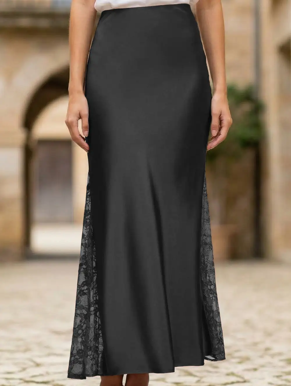 Satin Lace A-Line Midi Skirt