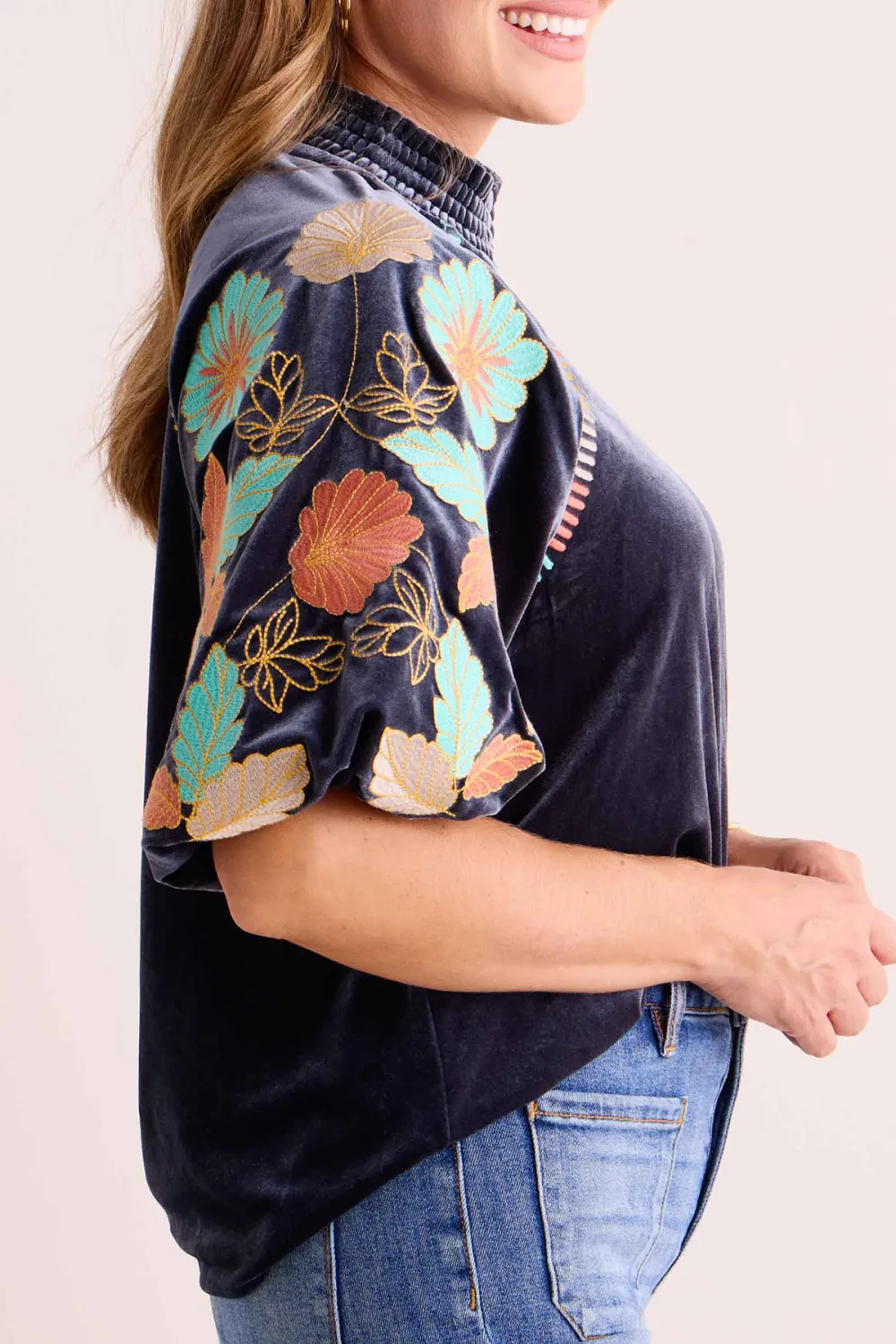 Floral Embroidered Velvet Puff Sleeve Top