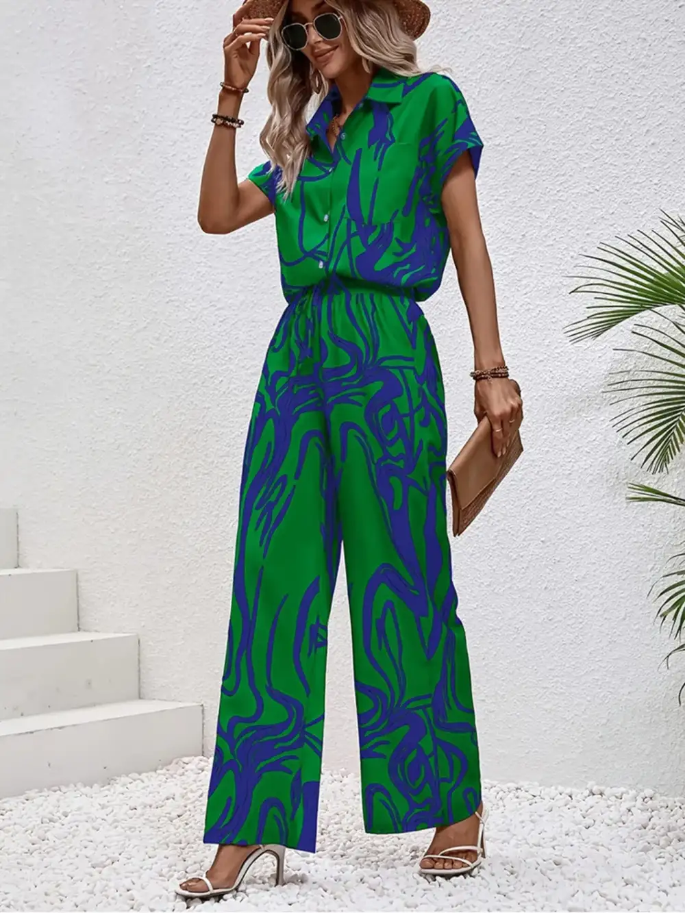 Button Front Printed Jumpsuit