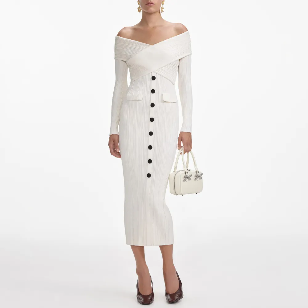 Cream Off Shoulder Knit Midi Dress