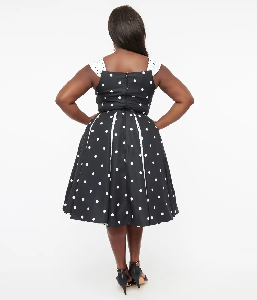 Unique Vintage Plus Size Black & White Polka Dot Stripe Swing Dress