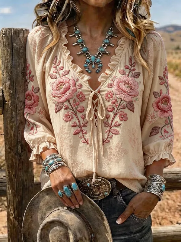 Women's Floral Embroidered Lace-Up Western Blouse