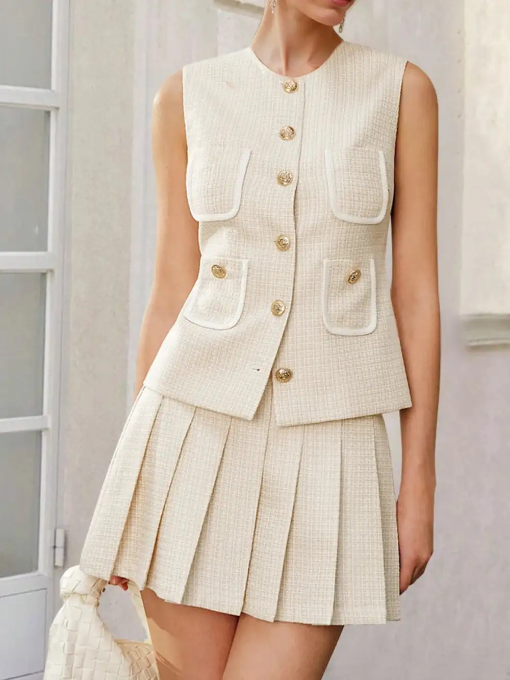 Chic Button Front Pleated Detail Coordinated Set