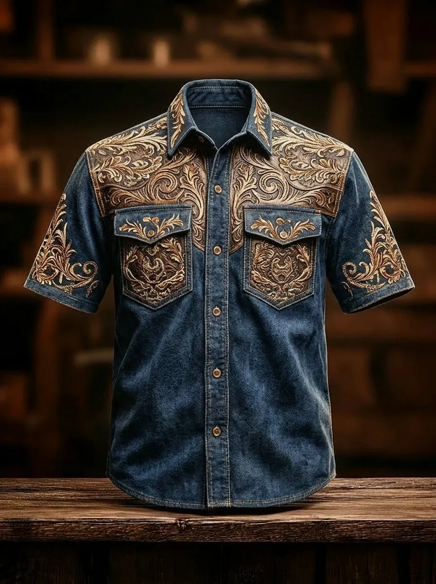 Men's Western Cowboy Floral Tooled Leather Printed Shirt-2