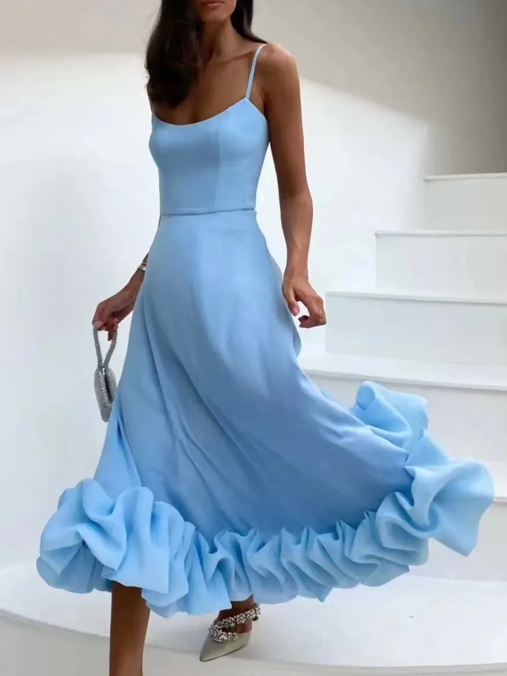 Scoop Neck Ruffle Midi Dress