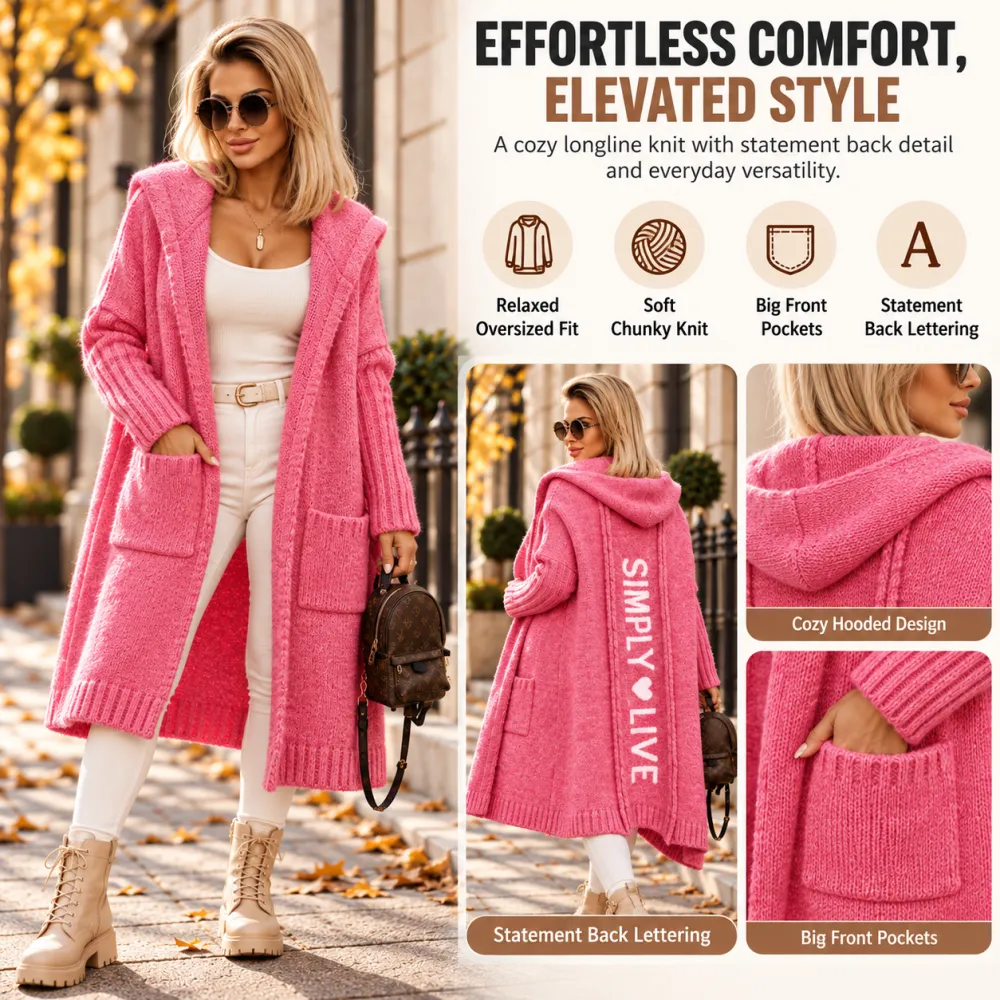 New Long Cardigan Sweater Lapel Hooded Letter Pattern Loose Knit Coat