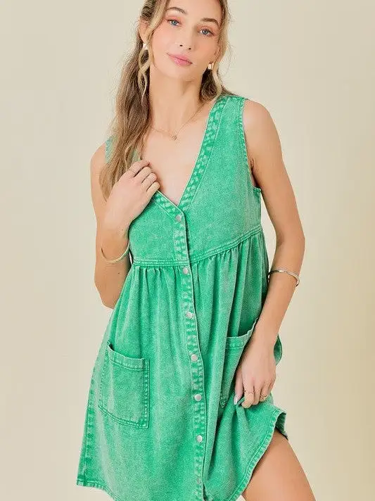 If You Can Dream It You Can Do It Washed Green Denim Dress