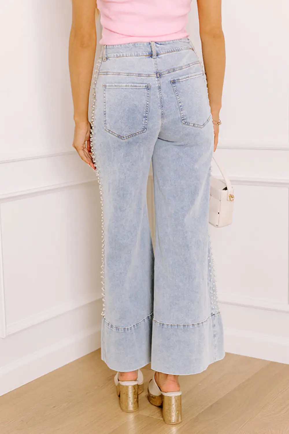 Mid Rise Pearl Embellished Split Wide Leg Jeans