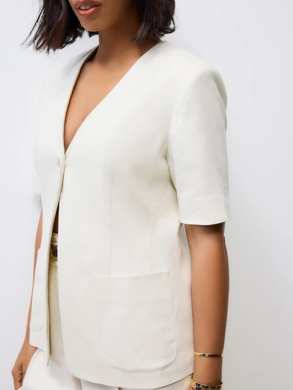 White Short-Sleeved Linen Jacket